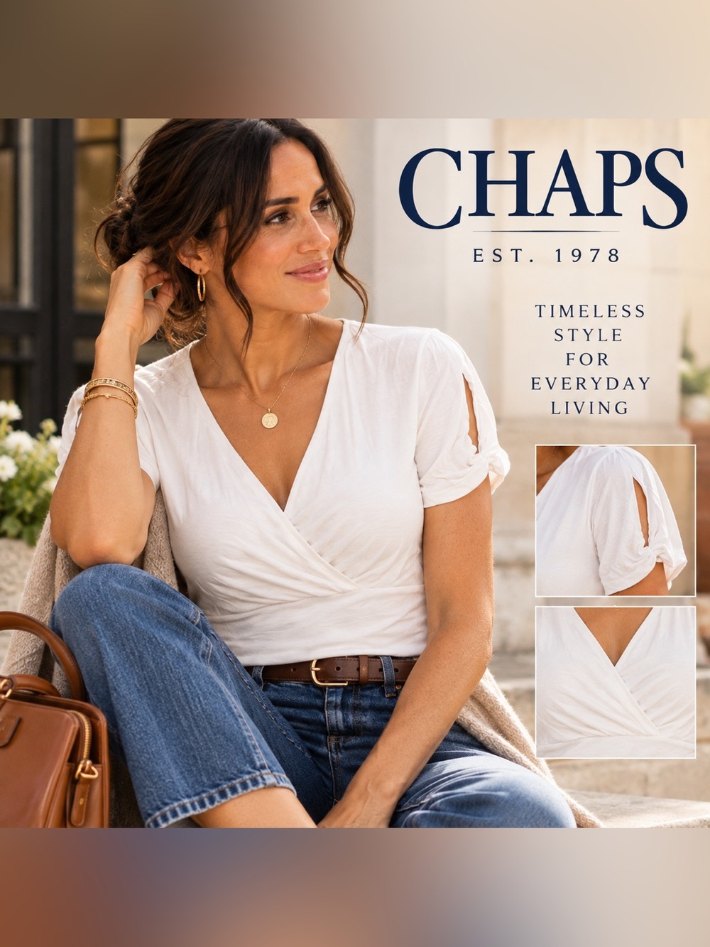 Chaps NWT XL White Surplice Wrap Top Ruched Cutout Sleeve Classic Blouse